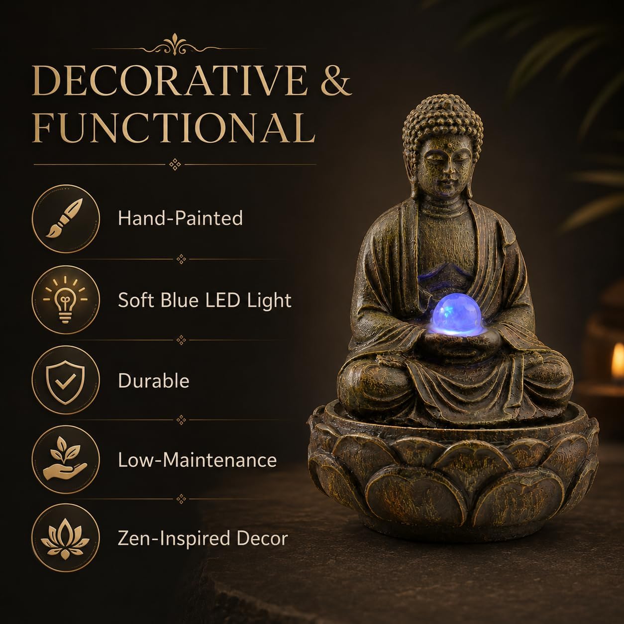 Indoor Tabletop Water Fountain with LED Light, Resin Rock-Look Waterfall Decor, Feng Shui Inspired Zen Fountain for Desk, Office, Bedroom, Living Room & Meditation Space (9" Cascading Rock)