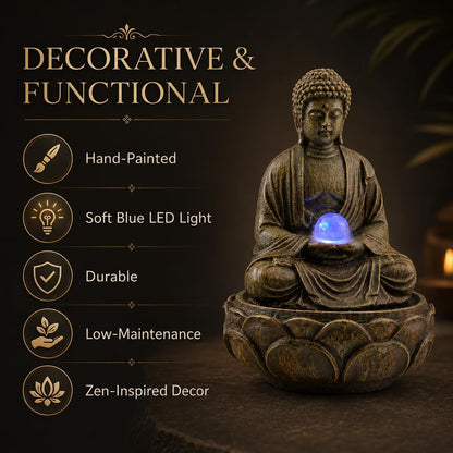 Indoor Tabletop Water Fountain with LED Light, Resin Rock-Look Waterfall Decor, Feng Shui Inspired Zen Fountain for Desk, Office, Bedroom, Living Room & Meditation Space (9" Cascading Rock)