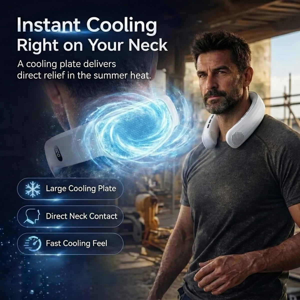 Neck Fan for Men with Cooling Plate, Hands-Free Portable Neck Air Conditioner, Strong Airflow Personal Fan for Outdoor Work, Fishing, Golf, Yard Work, Warehouse