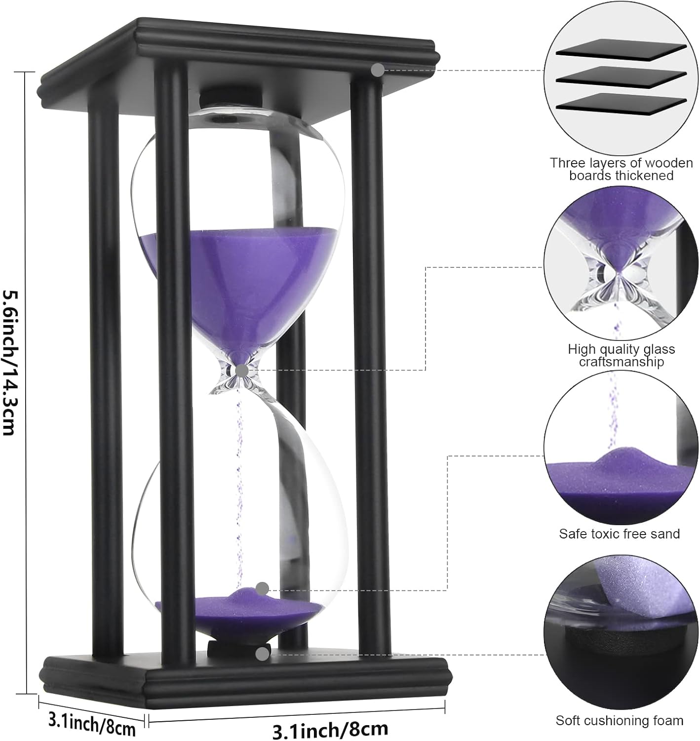 Hourglass Sand Timer,Black Wooden 30/45/60 Minute Sandglass Timer for Home,Desktop,Classroom Kitchen Restaurant Office Living Room Decor (30 Min, Purple Sand)