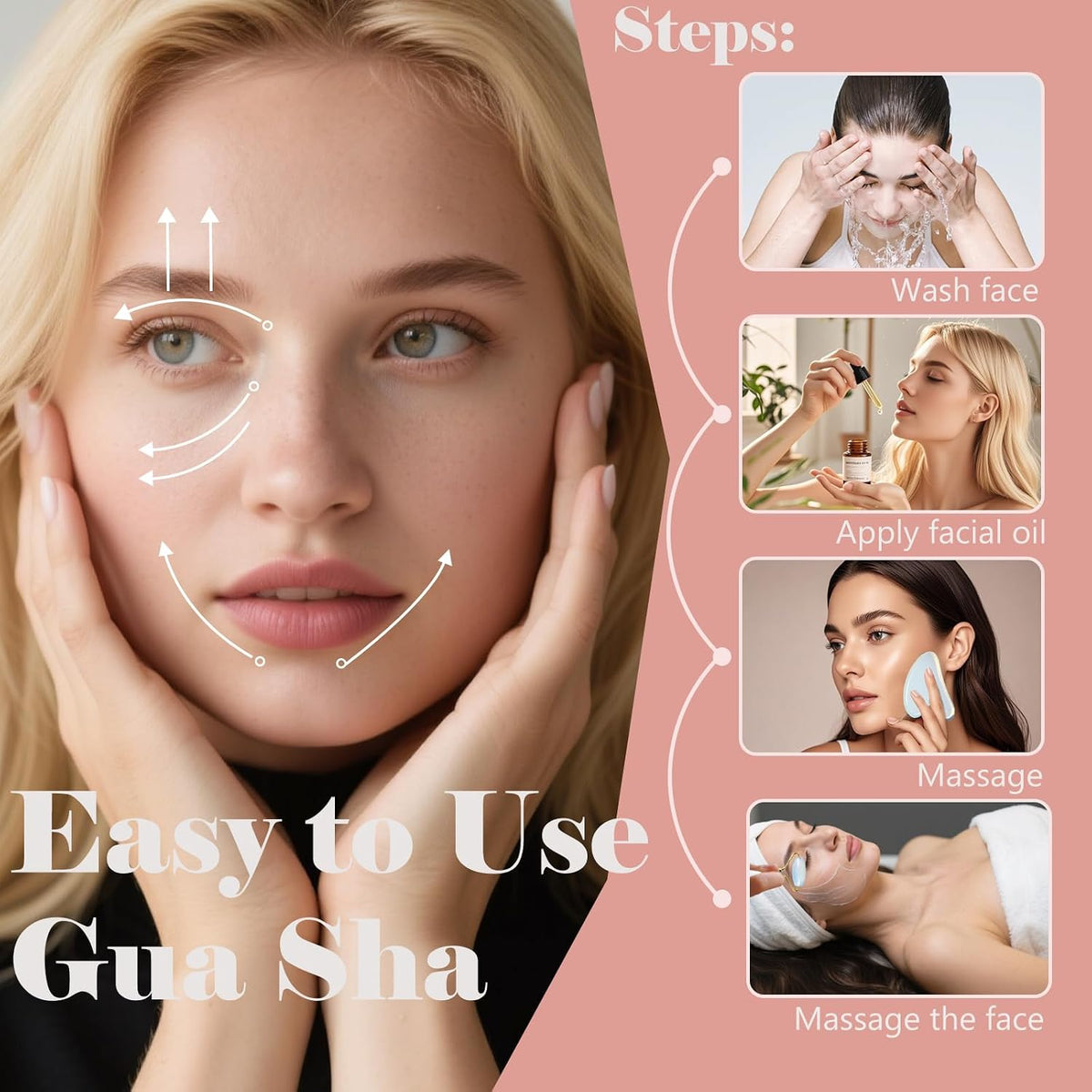 Jade roller and gua sha, facial roller, women's skincare tool, self-care gift, face, eye, neck massager, relieves fine lines and wrinkles, aventurine, opal, rose quartz