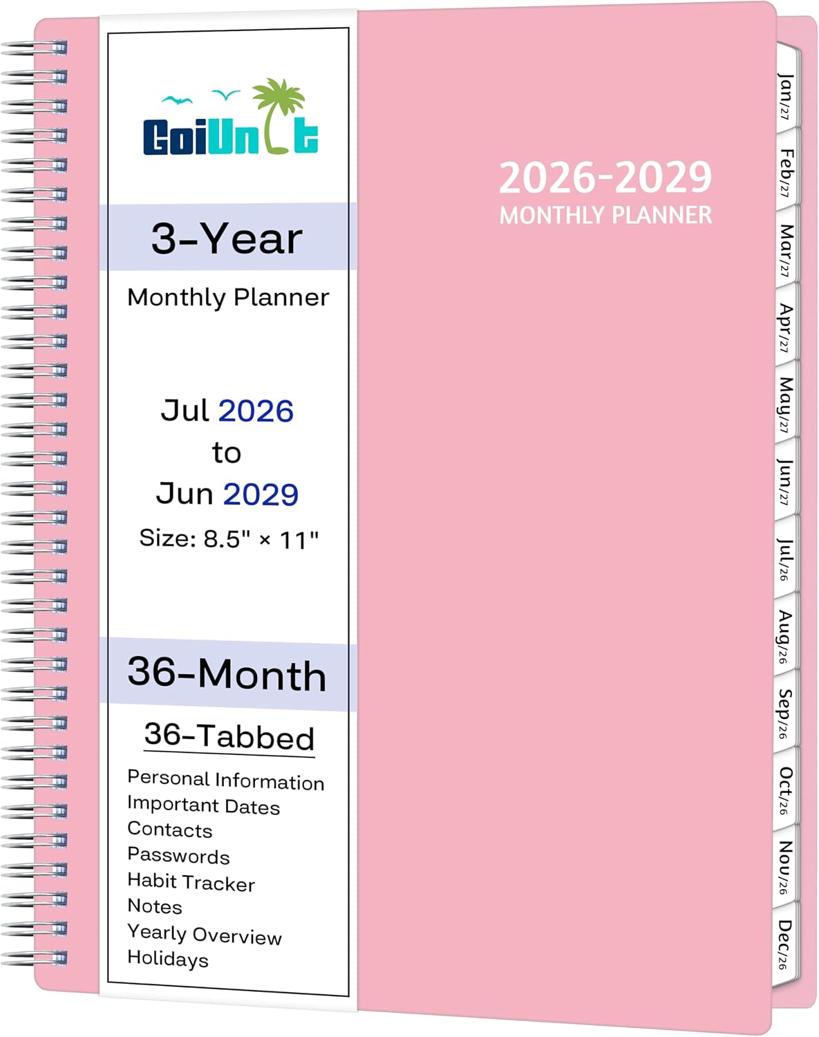 Monthly Planner 2026-2029, 36 Months Calendar Planner 2026-2029 from Jul 2026 – Jun 2029, 8.5'' x 11'' with Ruled Spread, Flexible Cover, Spiral Wirebound, Pocket, Coated Tabs, Notes ＆ Habit Tracker