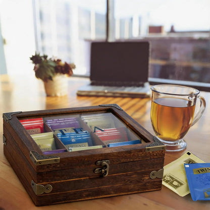 MOLIGOU Wood Tea Box Organizer, Tea Storage Chest with Glass Lid, 9 Compartments, Tea Bag Holder Organizer for Cabinet, Pantry
