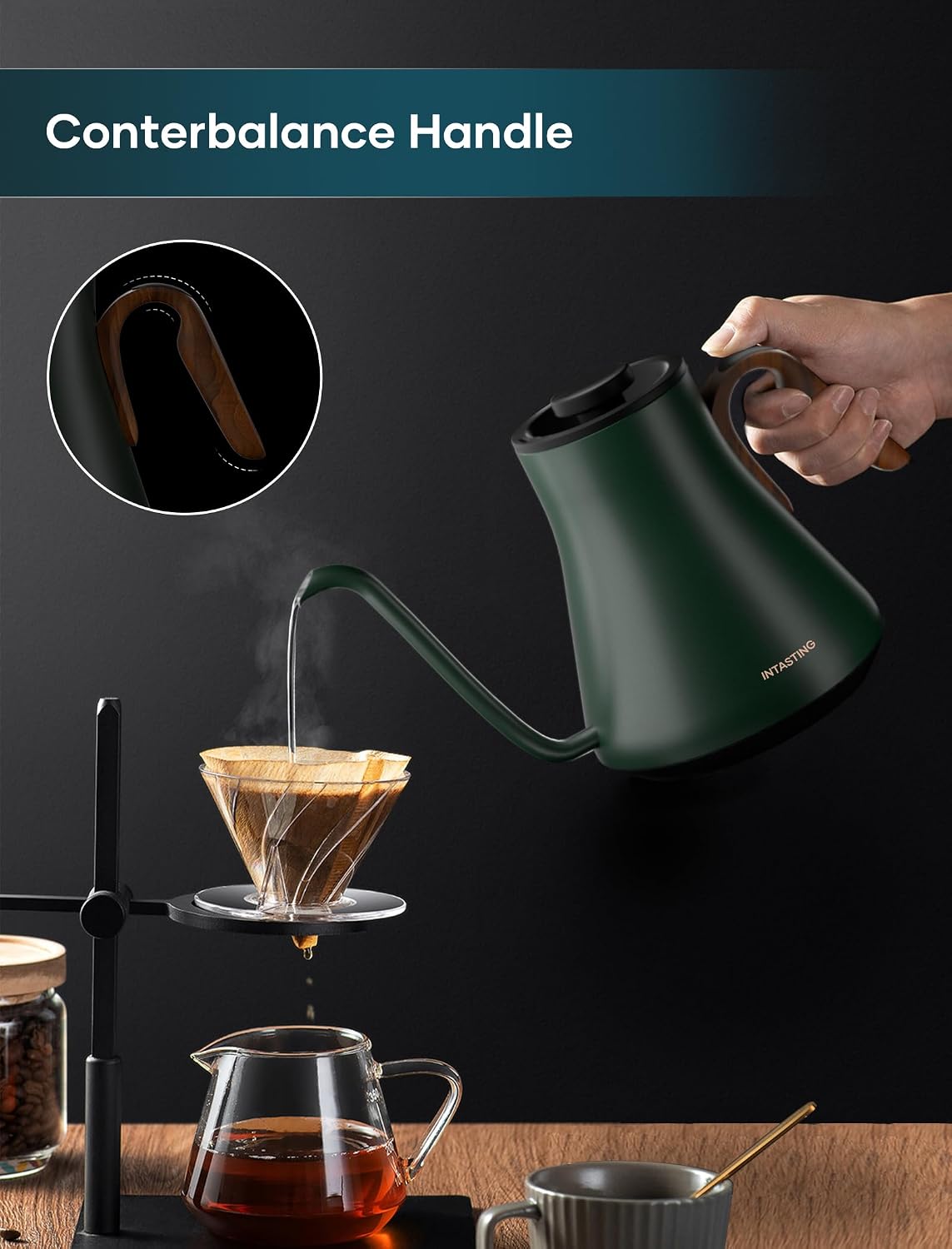 INTASTING Electric Kettle, Gooseneck Electric Kettle, ±1℉ Precise Temperature Control, Stainless Steel Interior, Quick Heating for Pour Over Coffee, Tea & Boiling Water, 0.9L (Black)