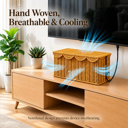 Cable Management Box, Faux Rattan Cord Organizer Basket for Power Strips