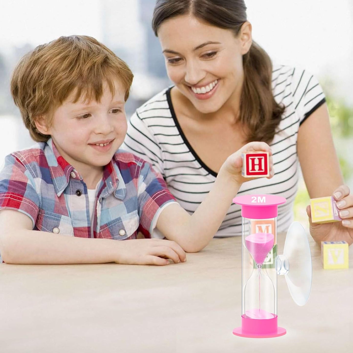 Hourglass Sand Timer 5 Minute with Suction Cup - Set of 2 Small, Unbreakable Sand Watch 5 Min Sucker, Small Blue Sand Clock 5 Minute, Plastic Hour Glass Sandglass Timer for Kids, Games, Classroom