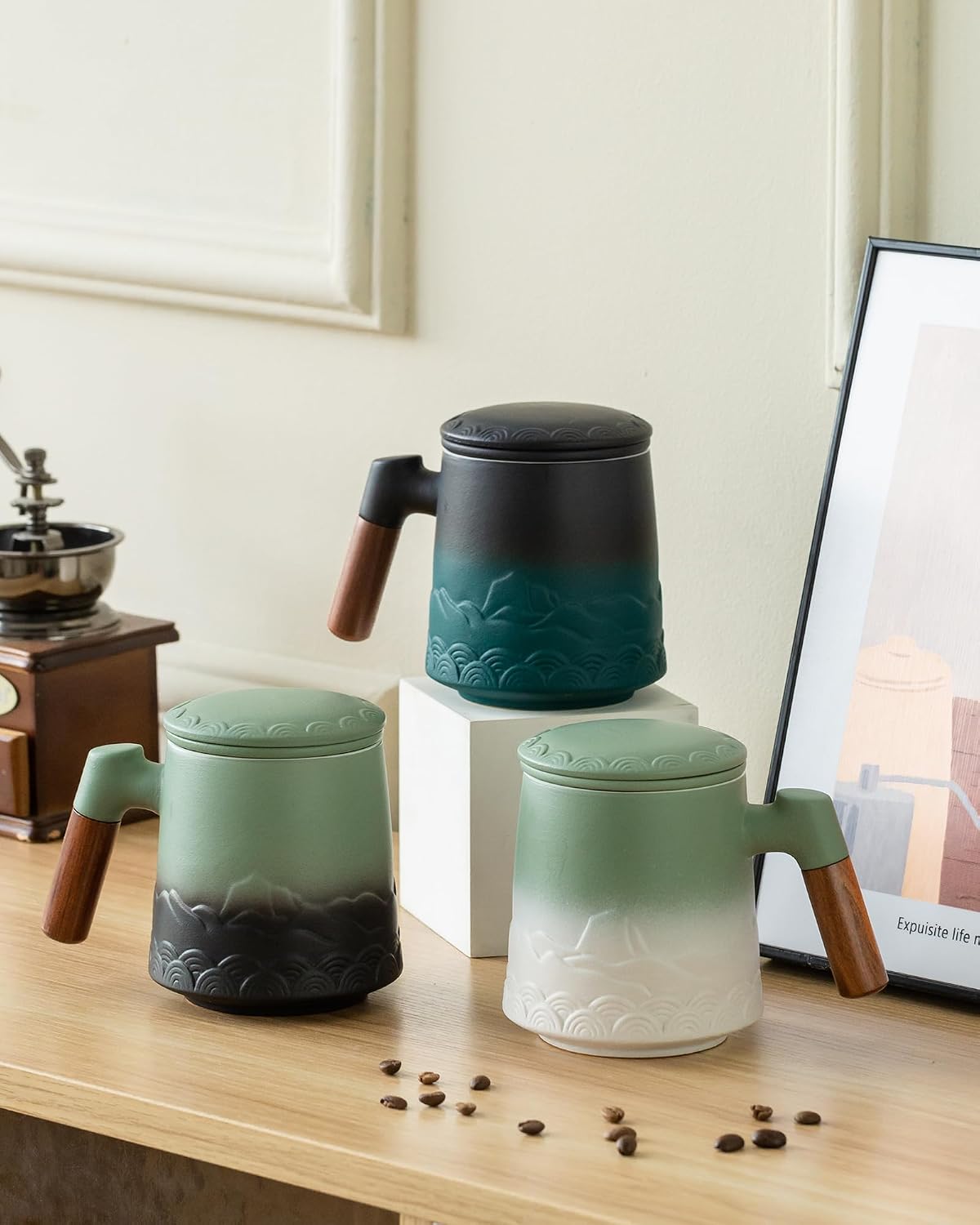 ZENS Embossed Ceramic Tea Mug with Infuser and Lid, 14.5 oz Wooden Handle, Loose Leaf Tea Steeper Cup & Strainer for Tea Lovers Gifts