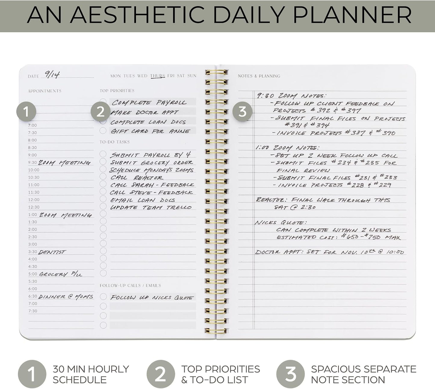 Beautiful Daily Planner And Notebook With Hourly Schedule - Spiral Notebook