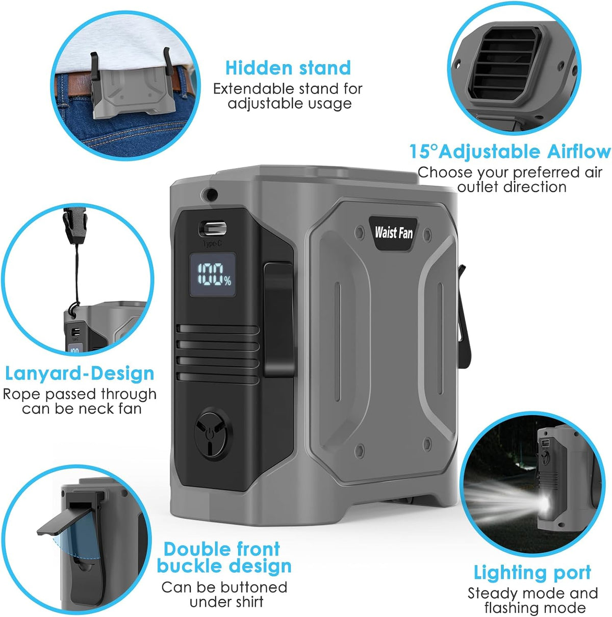 Waist Fan Portable Clip on: 10000mAh Rechargeable Personal Belt Cooling Fan Under Shirt - Cool Body Fans Under Clothes for Outdoor Travel, Walking, Work for Men and Women (Grey)