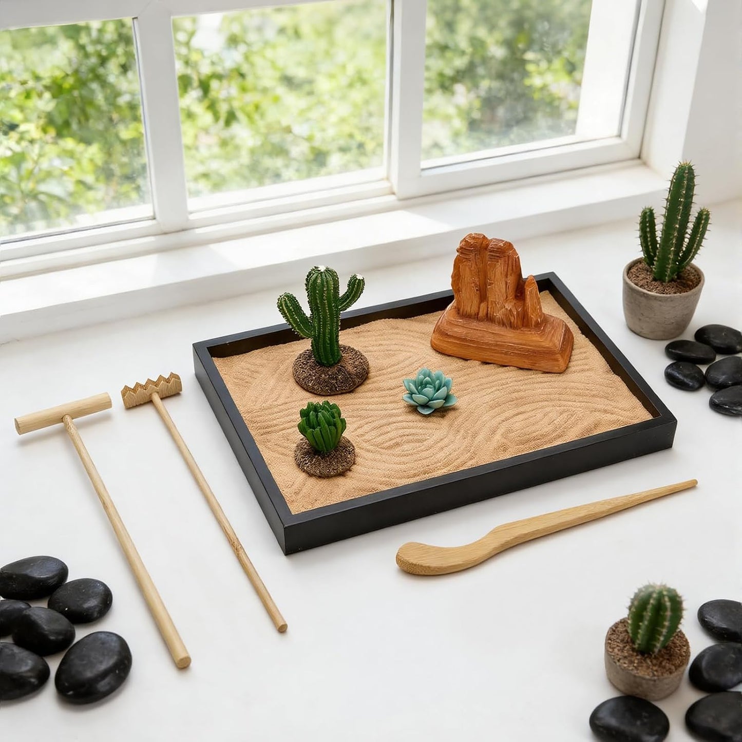 Desert Zen Garden Kit for Desk,12.6x8.6in Premium Sand Tray with 4 Artificial Features, Brown Sands, 3 Wood Tools，Mini Southwestern Desert Decor Zen Sand Garden Set for Home, Office Desk