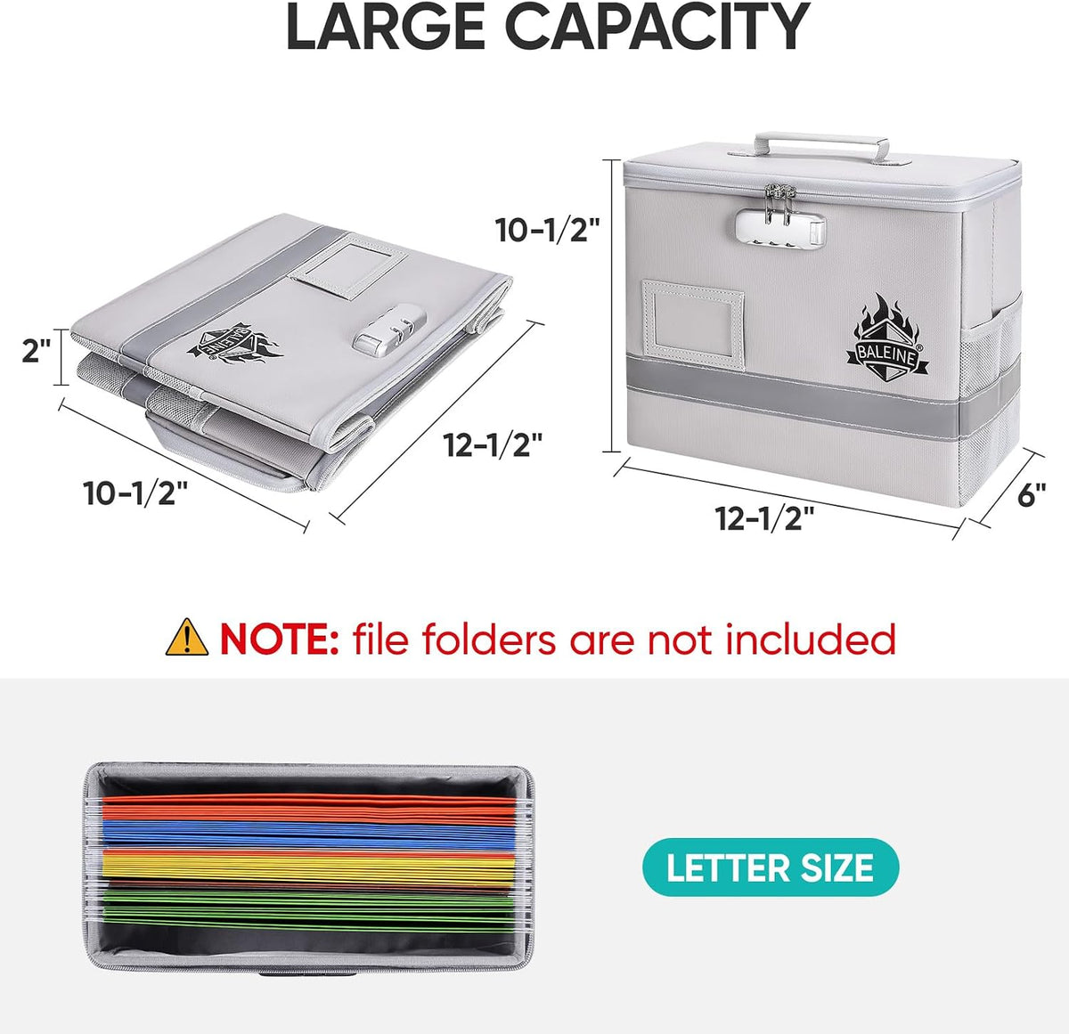 BALEINE Fireproof Document Box with Lock, Portable Fireproof Document Bag Waterproof Fire Proof File Boxes for Documents, File Organizer Box for Important Paperwork (Black, 12.5''x10.5''x6'')