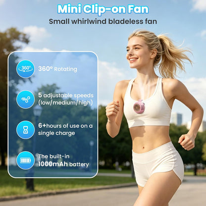 Portable Silent Mini Bladeless Fan Clip On, Adjustable 5 Speeds 360° Rotatable Clip on Fan for Shirt & Waist, USB Rechargeable Small Whirlwind Fans, For Outdoor & Travel & Office (White)