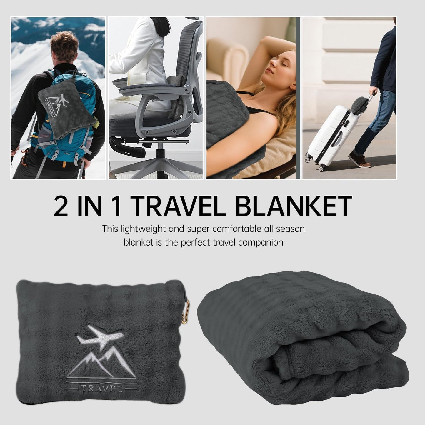Travel Blanket and Pillow-2-in-1, Ultra-Soft&Compact, Airplane Blanket with Hand Luggage Belt and Backpack Clip,Travelers Accessories Gifts, 61x43 Inches(Pink