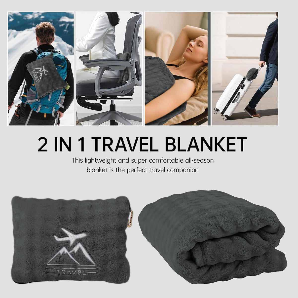 Travel Blanket and Pillow-2-in-1, Ultra-Soft&Compact, Airplane Blanket with Hand Luggage Belt and Backpack Clip,Travelers Accessories Gifts, 61x43 Inches(Pink