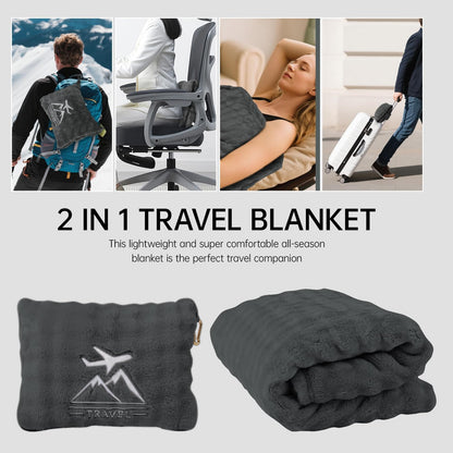 Travel Blanket and Pillow-2-in-1, Ultra-Soft&Compact, Airplane Blanket with Hand Luggage Belt and Backpack Clip,Travelers Accessories Gifts, 61x43 Inches(Pink