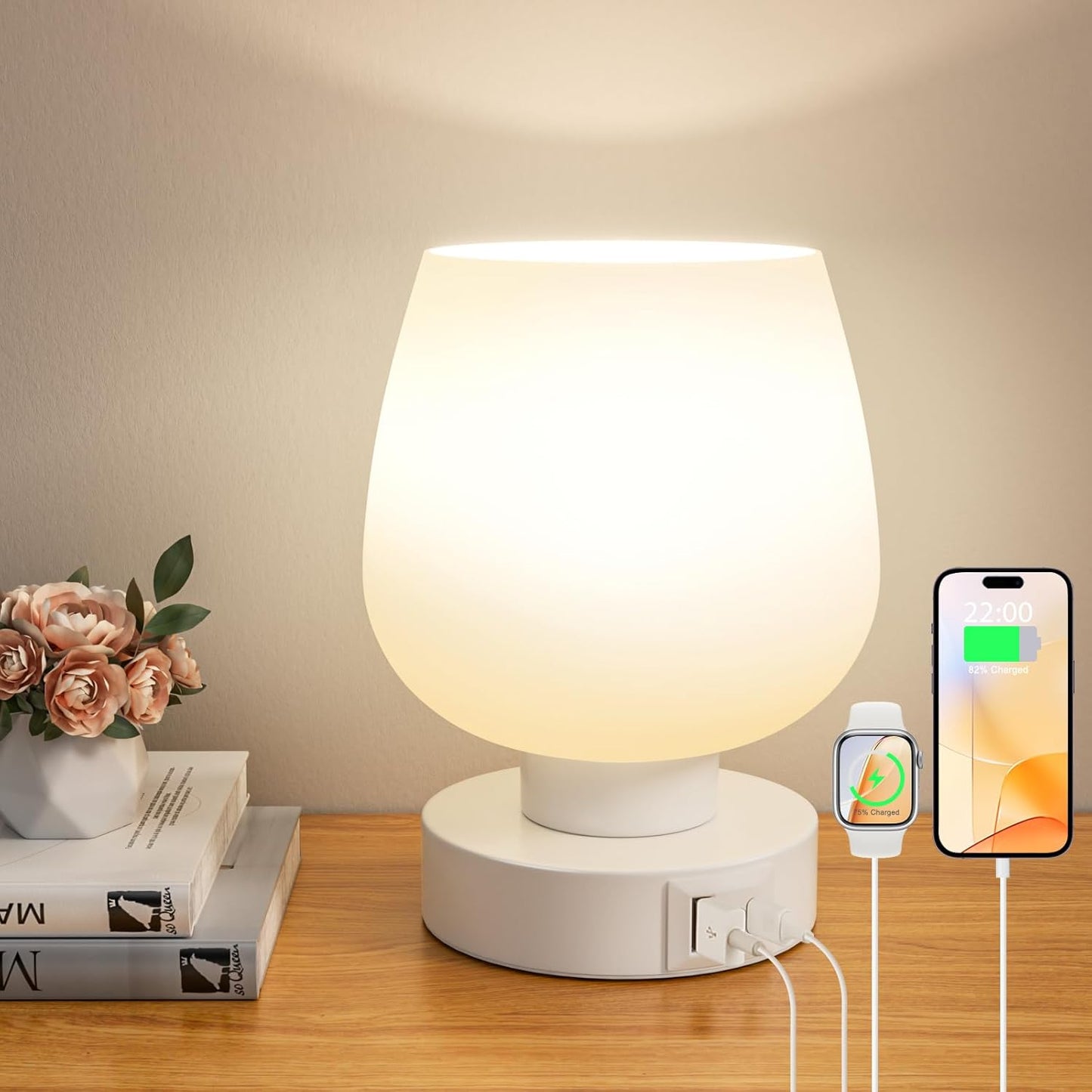 Seealle Touch Table Lamp for Nightstand - Small Bedside Lamp for Bedroom Living Room Night Stands, Desk Lamp with White Glass Shade for Small Spaces, 3 Way Dimmable, LED Bulbs, Gifts