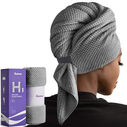 Umisleep Extra Large Microfiber Hair Towel for Women Long, Curly, Thick Hair, Super Soft Anti Frizz Quick Dry Hair Towel Wrap, Ultra Absorbent Hair Turban with Elastic Band White