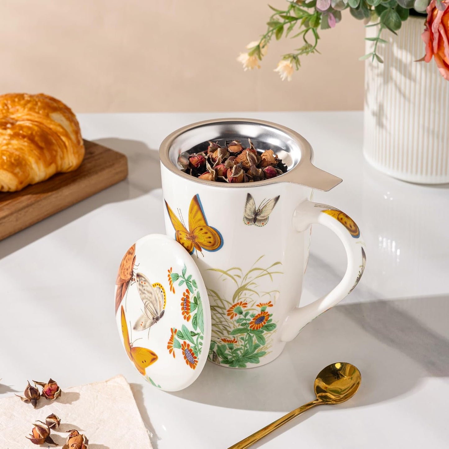 AmorArc 18oz Porcelain Tea Mug with Infuser & Lid, Loose Leaf Tea Cup with Stainless Steel Strainer, Large Coffee Mug Gift for Women, Tea Lovers, Home & Office