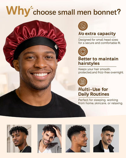 Yanibest Small Satin Bonnet for Men, Hair Bonnet for Short Hair Waves, Stay-on Night Cap, Daily Use for Sleeping Gym Outdoor, Black