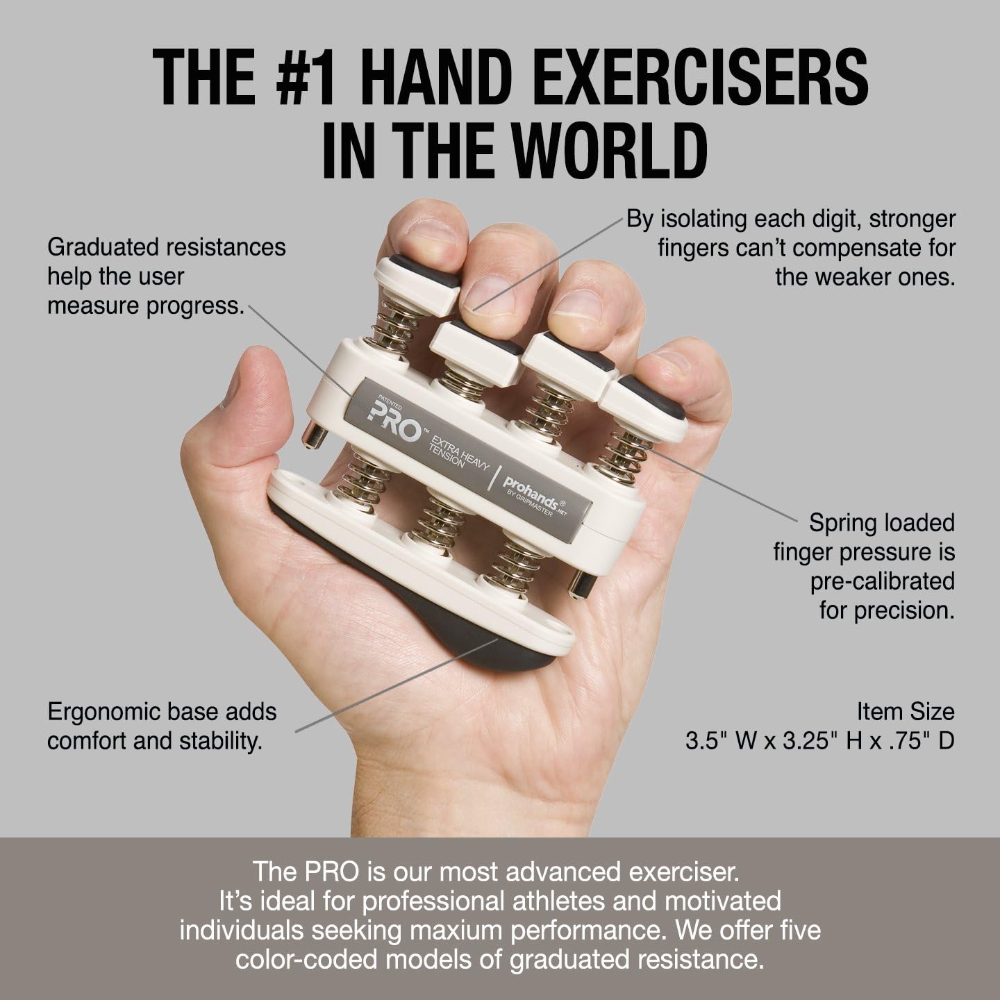Prohands PRO Hand Exerciser, Finger Exerciser (Hand Grip Strengthener), Spring-Loaded, Finger-Piston System, Isolate and Exercise Each Finger