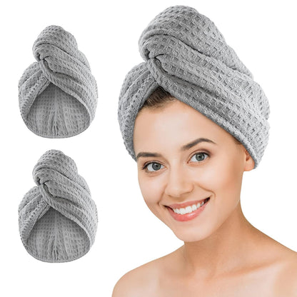 Dolwis Microfiber Hair Drying Towel - 2Packs Waffle Long Hair Head Turban Wraps Terry Cloth Fast Absorbent Dry Anti Frizz Twist Plopping Curly Shower Turban for Women Wet Hair (Green)