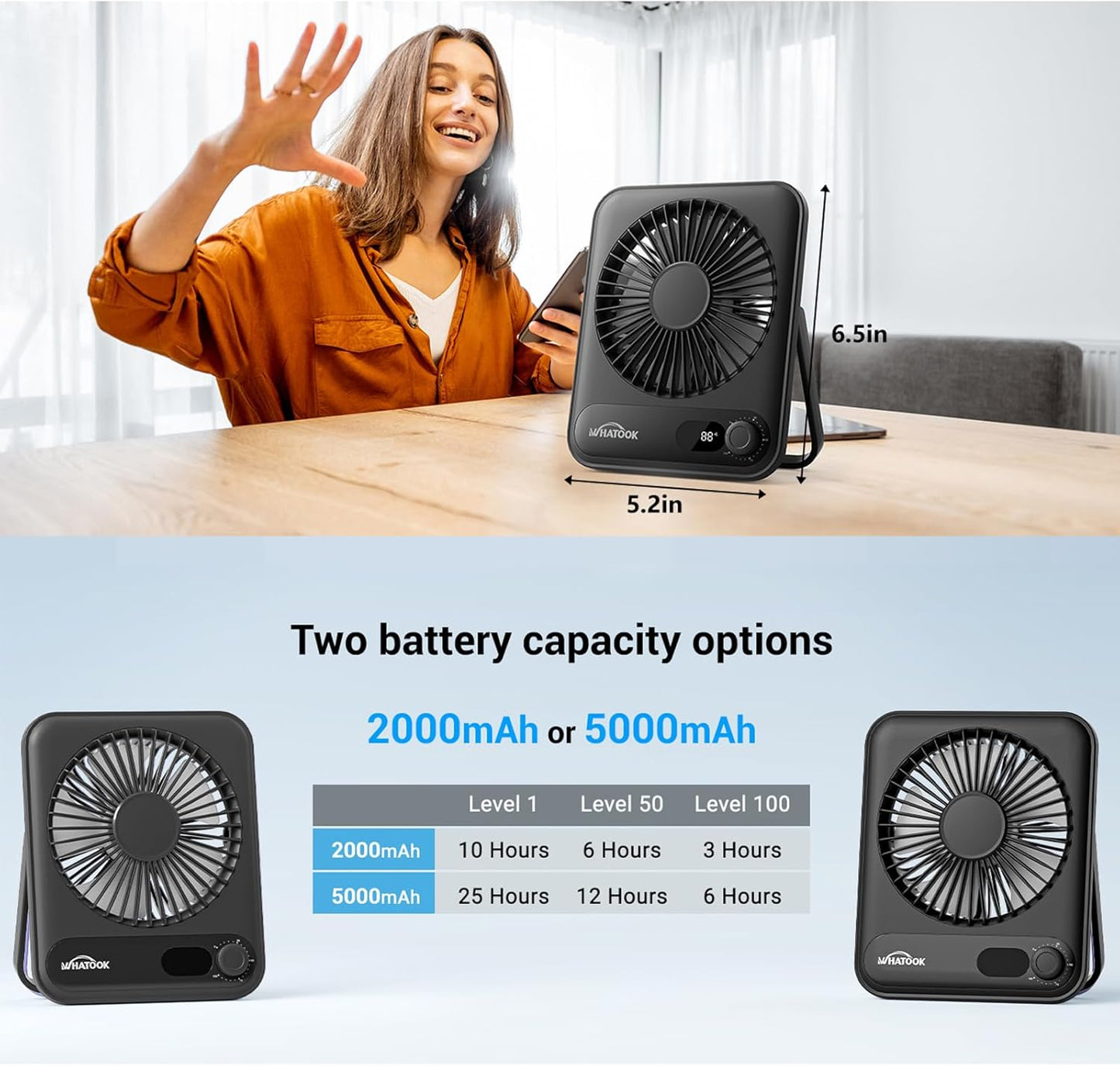WHATOOK Small Desk Fan Personal Fans: 5000mah 25 Hours Battery Office Quiet Mini Desktop Fan Portable Rechargeable Travel Essentials (Purple, 2000 mAh)