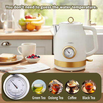 Retro Electric Tea Kettle, 1.7L, Matte White and Gold