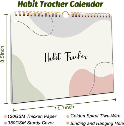 Habit Tracker Calendar, Aesthetic Daily Weekly Goal and Habit Tracker Journal, 12 Months Undated Habits Tracker Planner with Spiral Binding, Boost Productivity Tool and Workout Calendar, 11.7"x8.5"