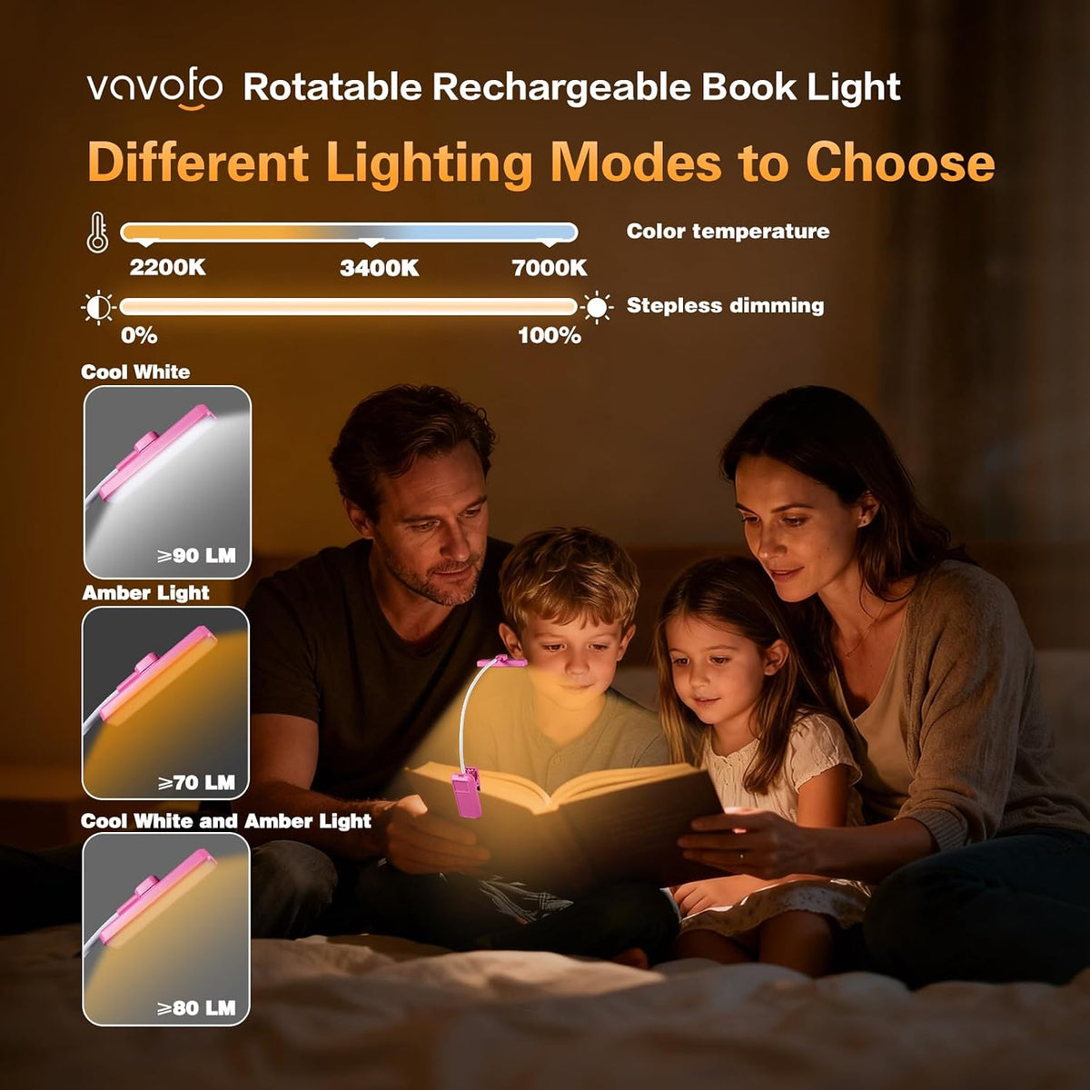 VAVOFO 24 LEDs Rotatable Book Light, Rechargeable Clip Reading Lamp