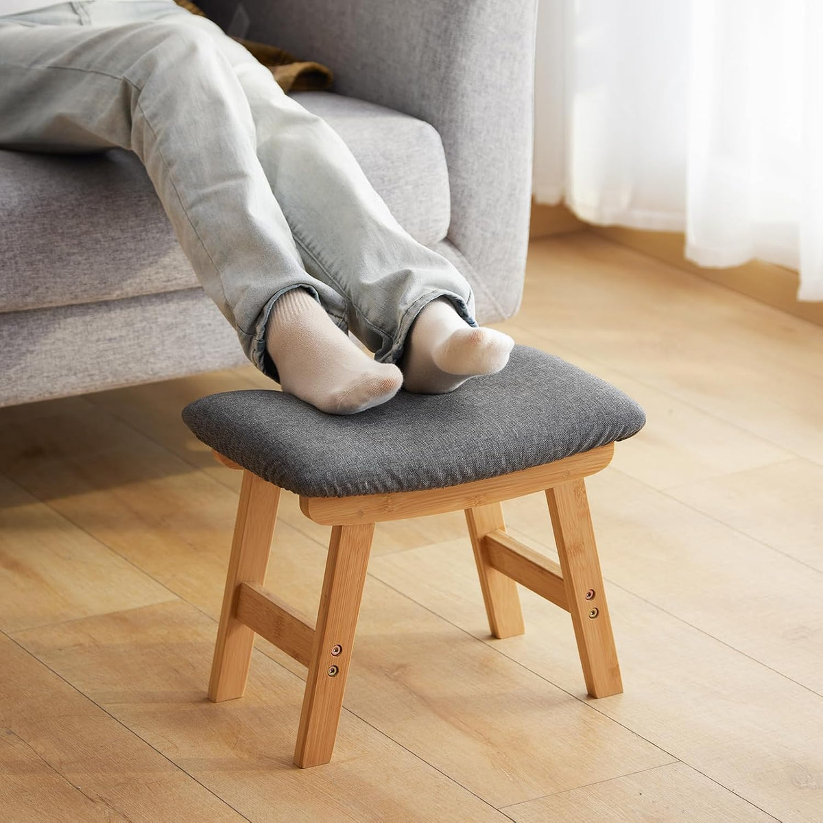 Foot Stool Ottoman Foot Rest Under Desk,Small Stool for Living Room, Bedroom and Kitchen (Brown Legs - Beige Stool Surface)