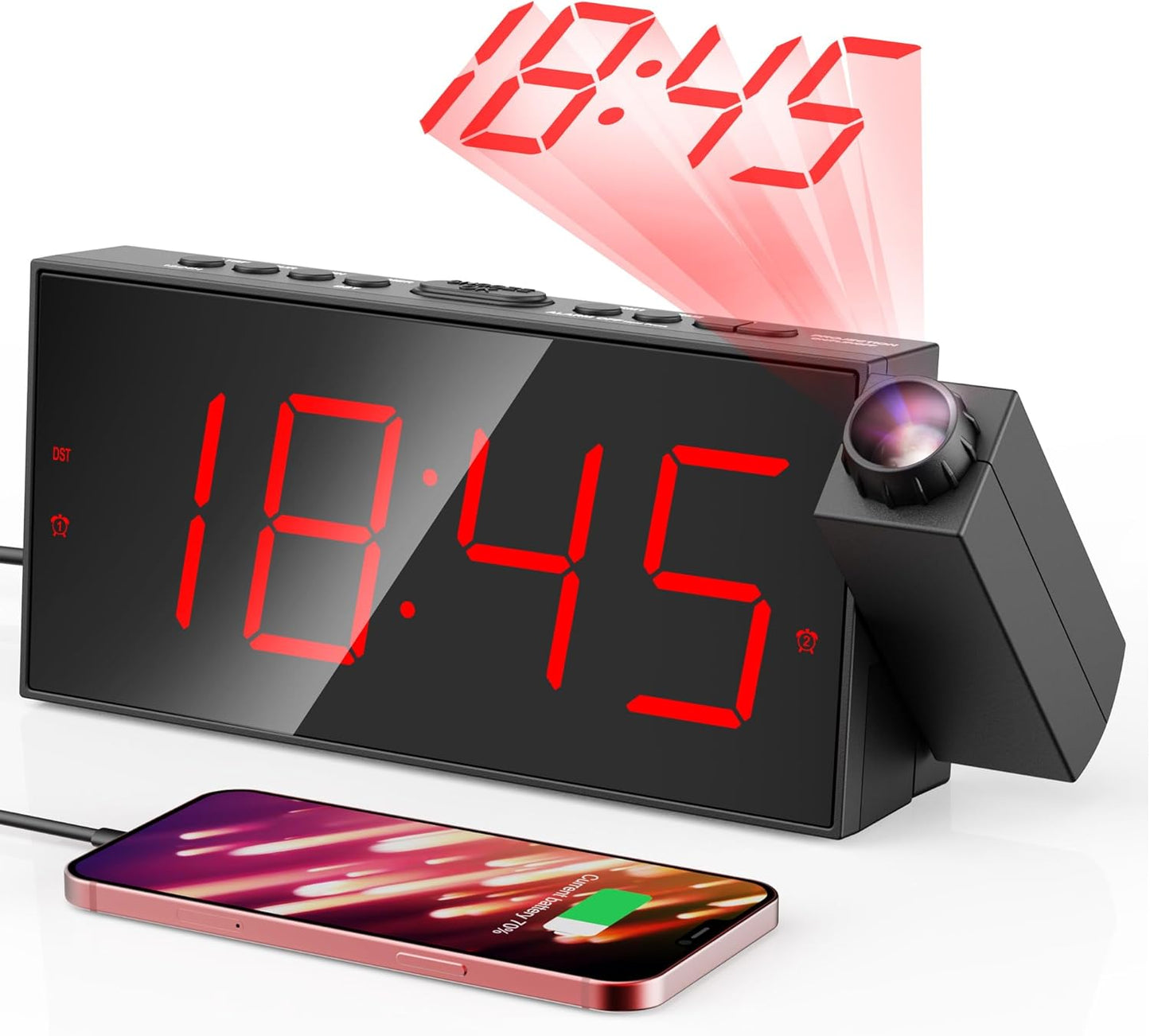 Digital Projection Alarm Clocks for Bedrooms - Large LED Display, 180° Rotatable Projector, 5-Level Dimmer,USB Charger,Battery Backup,Loud Dual Alarms for Kids Elderly,Heavy Sleepers,Snooze,12/24H,DST