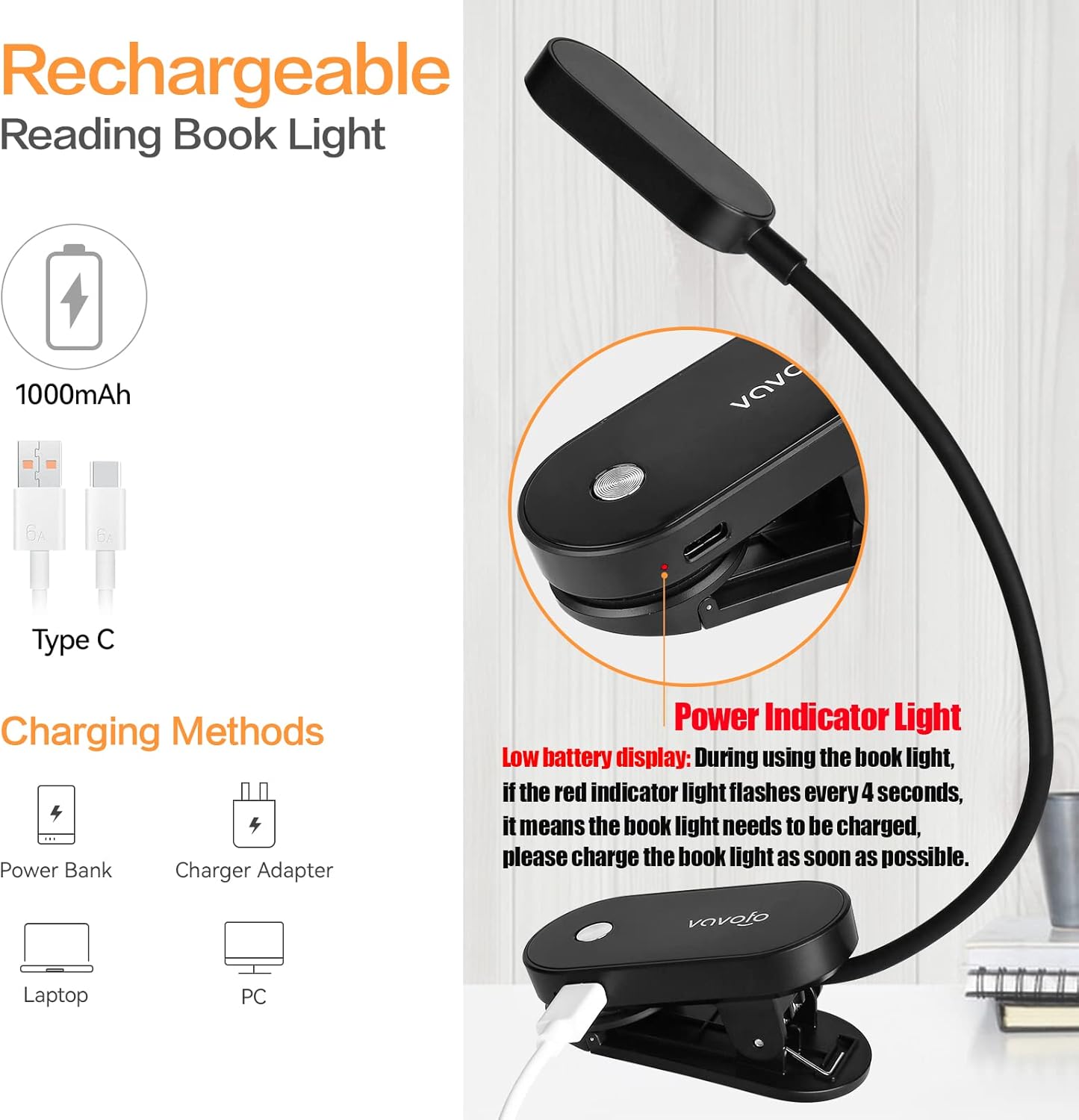 VAVOFO Rechargeable Book Light, 14 LEDs Eye Care Clip On Amber Reading Light for Bookworms Reading in Bed with 9 Colors 9 Brightness (White-Blue)