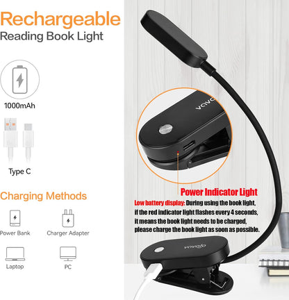 VAVOFO Rechargeable Book Light, 14 LEDs Eye Care Clip On Amber Reading Light for Bookworms Reading in Bed with 9 Colors 9 Brightness (White-Blue)