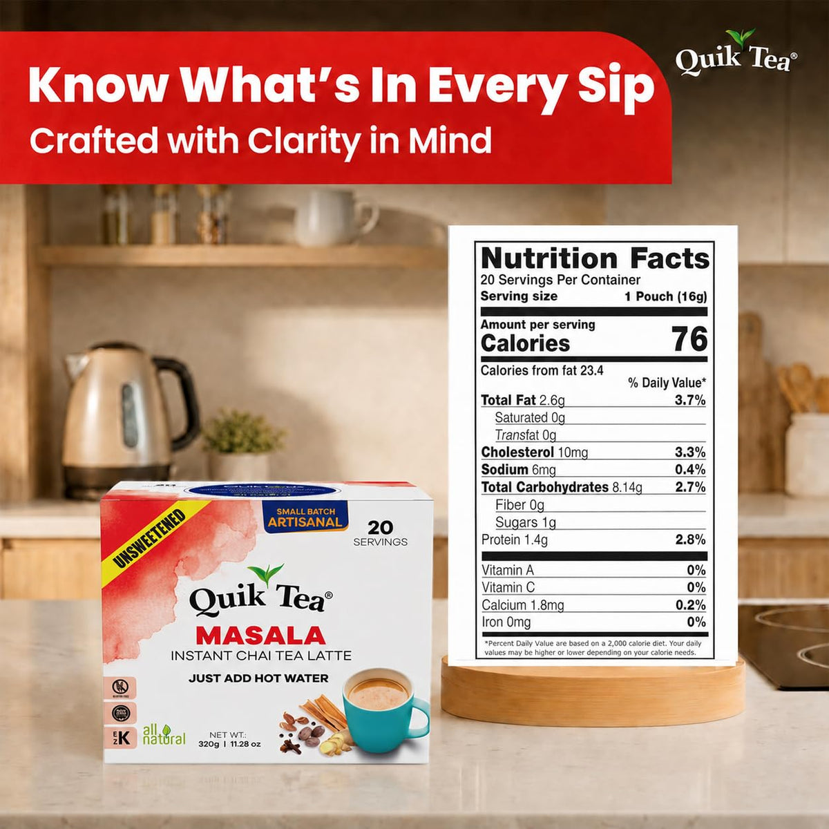 QuikTea Instant Chai Tea Latte Mix, Masala, Unsweetened, 20 Sachets