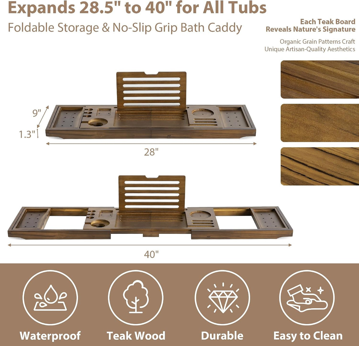 Bamboo Bathtub Tray Caddy, Adjustable Walnut Finish 28.5‑40"