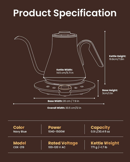 INTASTING Gooseneck Electric Kettle with ±1℉ Temperature Control 0.9 Liter