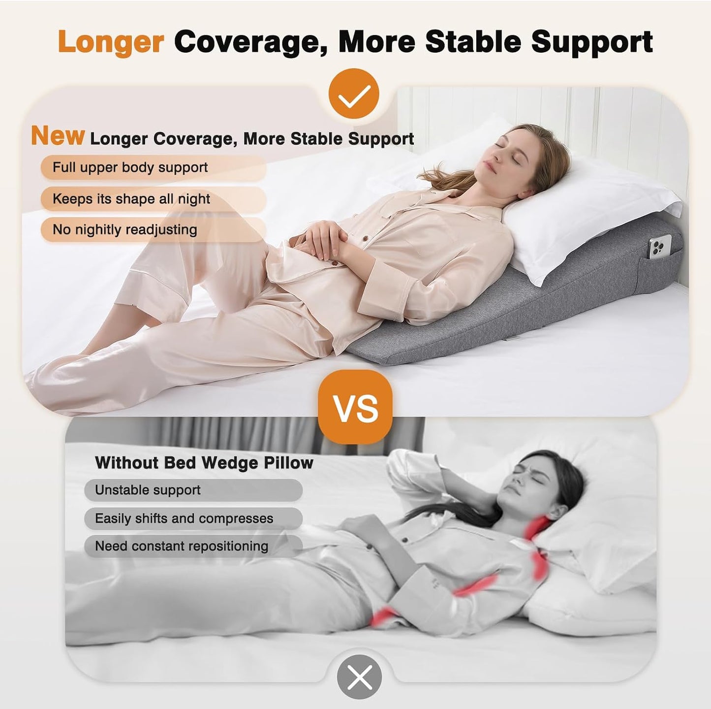 Vekkia 34" Extra-Long Wedge Pillow, 5.5" Bed Wedge Pillow for Sleeping,Gray