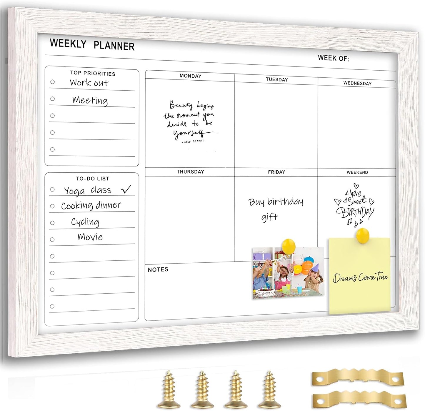 White Board Weekly Calendar Dry Erase Planner for Wall-16"X12",Black Solid Wood Frame,Minimal/Modern Design, Magnetic Whiteboard Planner for to Do List, Memo, School, Home, Office, Kitchen
