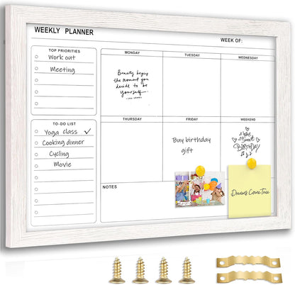White Board Weekly Calendar Dry Erase Planner for Wall-16"X12",Black Solid Wood Frame,Minimal/Modern Design, Magnetic Whiteboard Planner for to Do List, Memo, School, Home, Office, Kitchen