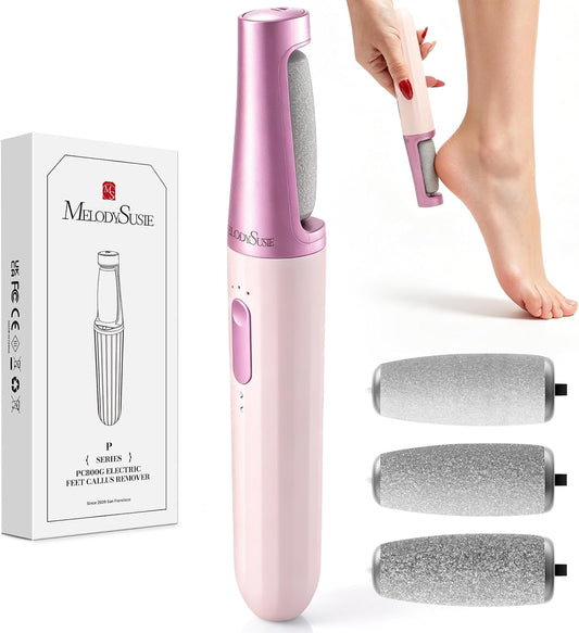 MelodySusie Electric Callus Remover for Feet, PC800G Waterproof Rechargeable Pedicure Tool with Light & 3 Different Grits Roller Heads & Adjustable Speeds, for Dead Skin & Cracked Heel (Pink Rose)