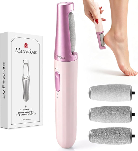 MelodySusie Electric Callus Remover for Feet, PC800G Waterproof Rechargeable Pedicure Tool with Light & 3 Different Grits Roller Heads & Adjustable Speeds, for Dead Skin & Cracked Heel (Pink Rose)