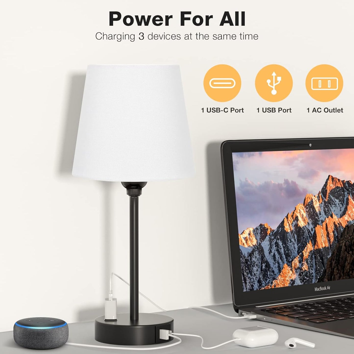 Mini Bedside Lamps for Bedrooms Set of 2 - Nightstand Bedroom Lamps with USB C Port and AC Outlet Charging, Dimmable Touch Small Bed Side Table Lamp, Black Night Stand Light for Kids/Guest Room
