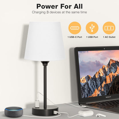 Mini Bedside Lamps for Bedrooms Set of 2 - Nightstand Bedroom Lamps with USB C Port and AC Outlet Charging, Dimmable Touch Small Bed Side Table Lamp, Black Night Stand Light for Kids/Guest Room