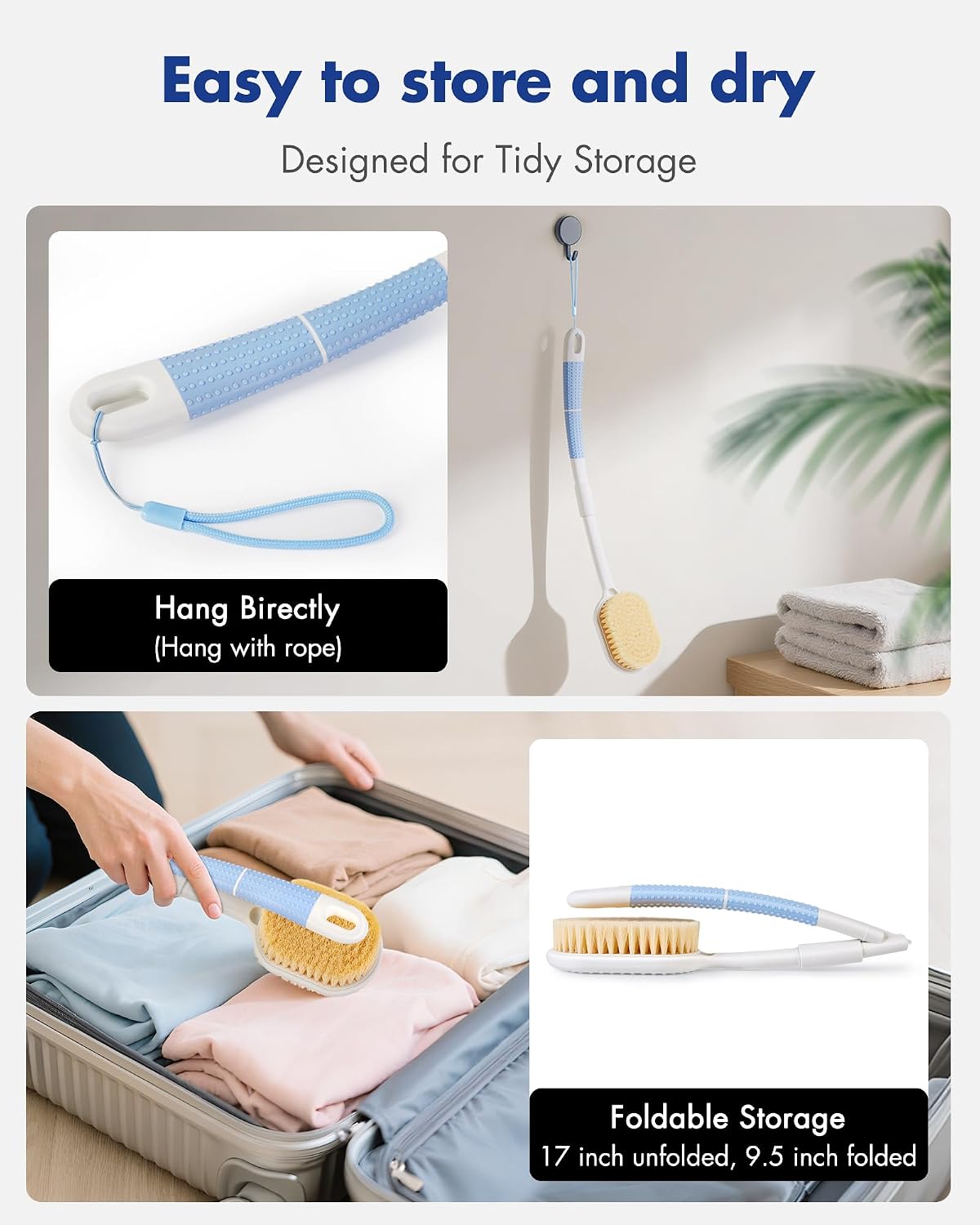 Dry Brushing Body Brush for Massage - Natural Boar Bristle Exfoliating Brush with Massage Nodes for Lymphatic Drainage, Cellulite, Blood Circulation Improving Skin Health for Women Men Elderly(Grey)