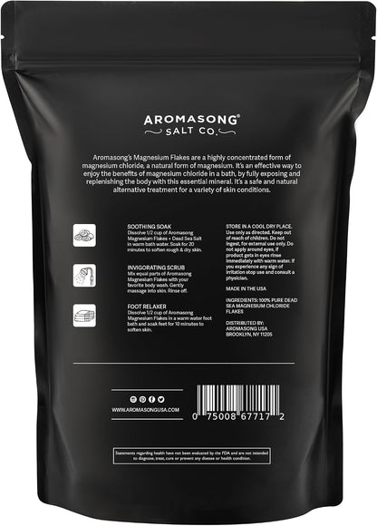 Aromasong Magnesium Flakes from The Dead Sea, 12 LB Resealable Black Bag - Muscle Relaxing Magnesium Chloride Bath Salts Soak for Headaches, Stress & Leg Discomfort
