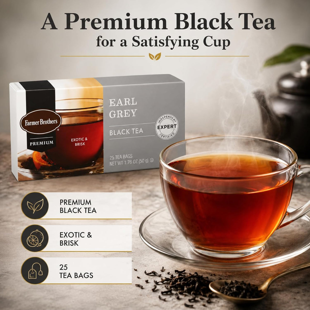Farmer Brothers Premium Earl Grey Black Tea Bags, 25 Count, Gluten-Free