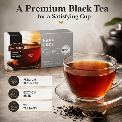 Farmer Brothers Premium Earl Grey Black Tea Bags, 25 Count, Gluten-Free