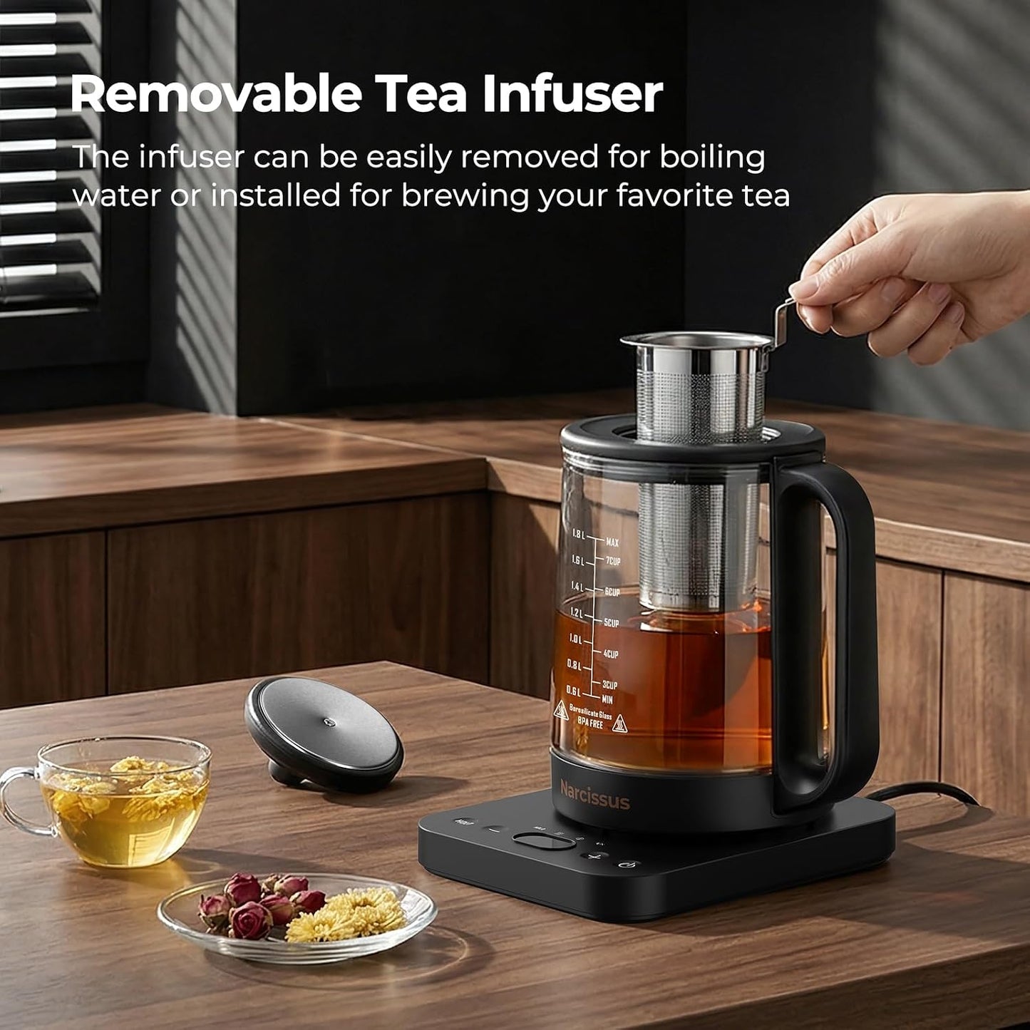 Narcissus Electric Kettle Temperature Control ±5℉, 1.8L Glass Electric Tea Kettle with Removable Infuser for Flowers & Fruit Tea, 1200W Fast Boiling, 6 Hours Keep Warming, Black