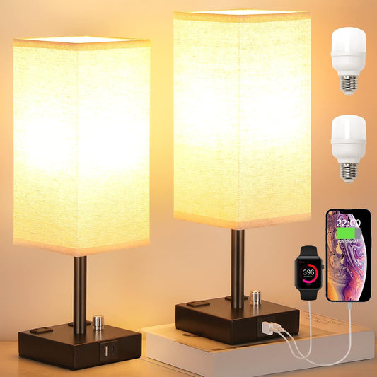 Bedside Table Lamps Set of 2 for Bedroom - Dimmable, USB C+A, 2 AC Outlets