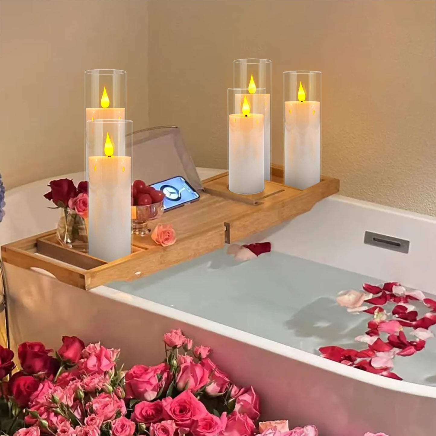 24 Pcs LED Flameless Candles with Remote, 3D Flickering Flame & LED String Lights, Acrylic Clear Cylinder, Timer Function, Romantic Ambience for Home Decor, Party, Wedding (Ivory).